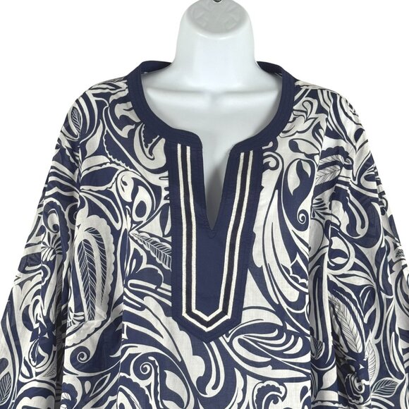 Talbots Tunic Top 2X Paisley Blue White Cotton V-Neck Lightweight NWT TP-3419 - Picture 3 of 8